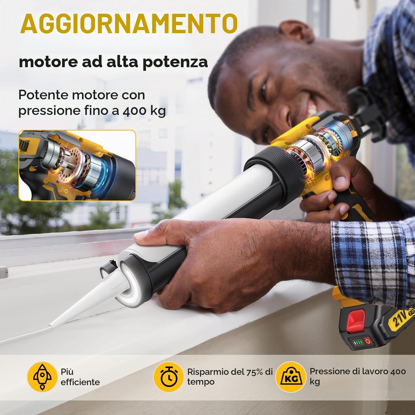 Pistola a cartuccia senza fili con 2 x 2000 mAh Batteria, Pressione Max 4000 N, per cartucce da 310 ml, 6 velocità, pistola in silicone elettrica per sigillatura, riempimento professionale