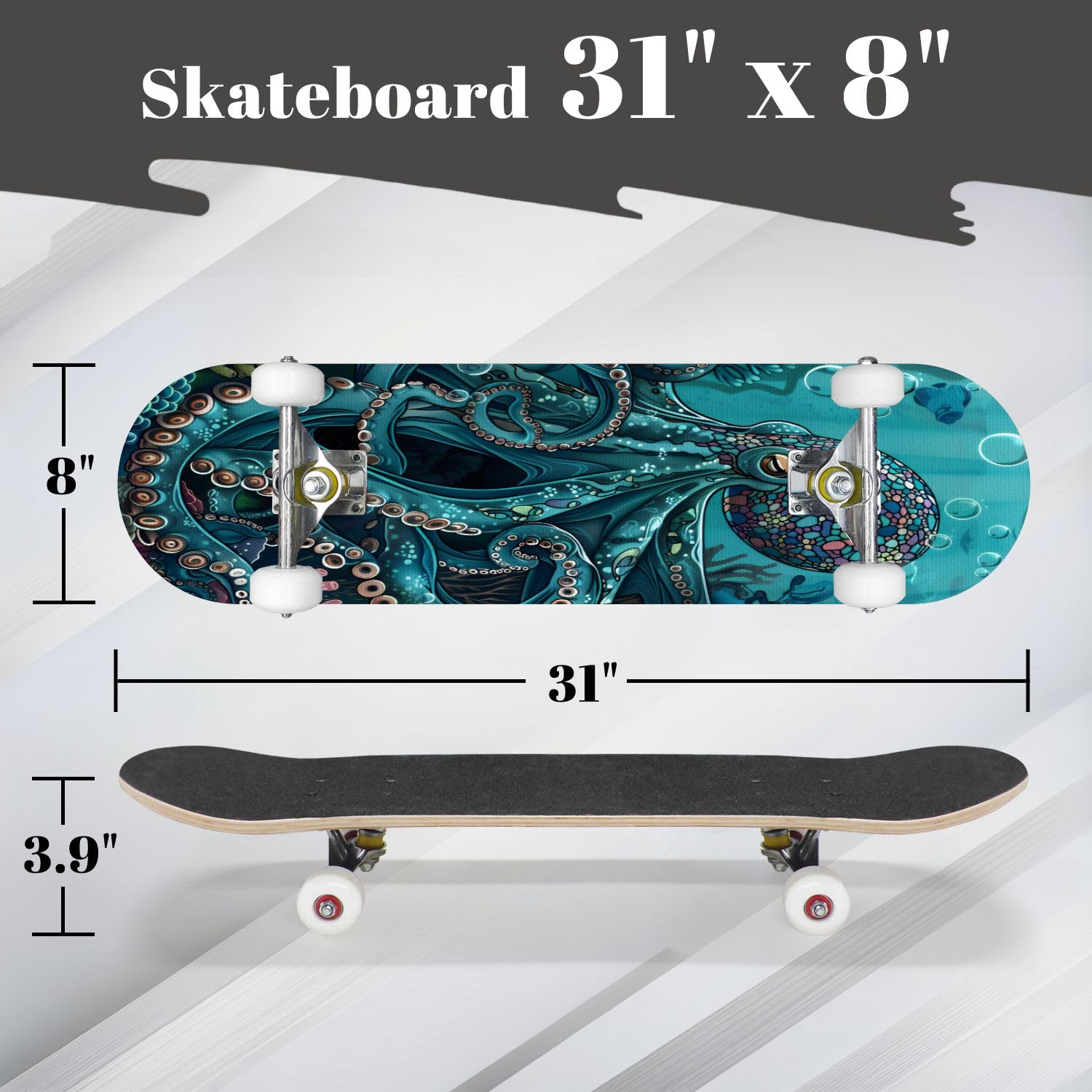 Complete Skateboard with Underwater Teal Octopus amidst Coral Reefs Art Beginner Skateboard 7-Layer Maple Wood Double Kick Concave Skateboards for Kids, Adults, Teens 31