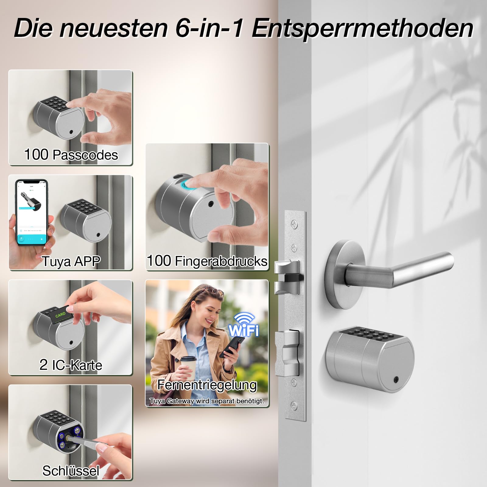 Anweller Serrure de porte électronique avec empreinte digitale - Code Smart Lock - Cylindre de serrure 70 mm avec 2 clés, 2 cartes IC, pour portes de 35 à 70 mm