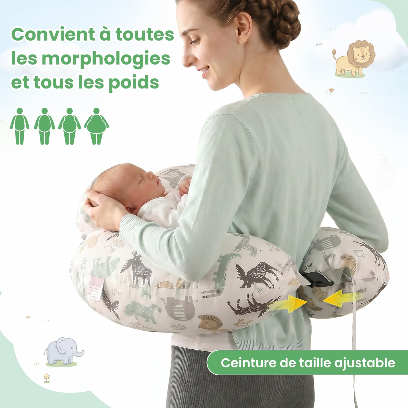 SHANNA Coussin Allaitement Coussin de Grossesse et d'allaitement XXL Oreiller d'allaitement Ergonomique Coussin de Maintien avec Coussin Housse 100% Cotton Amovible(Animaux de La Forêt)
