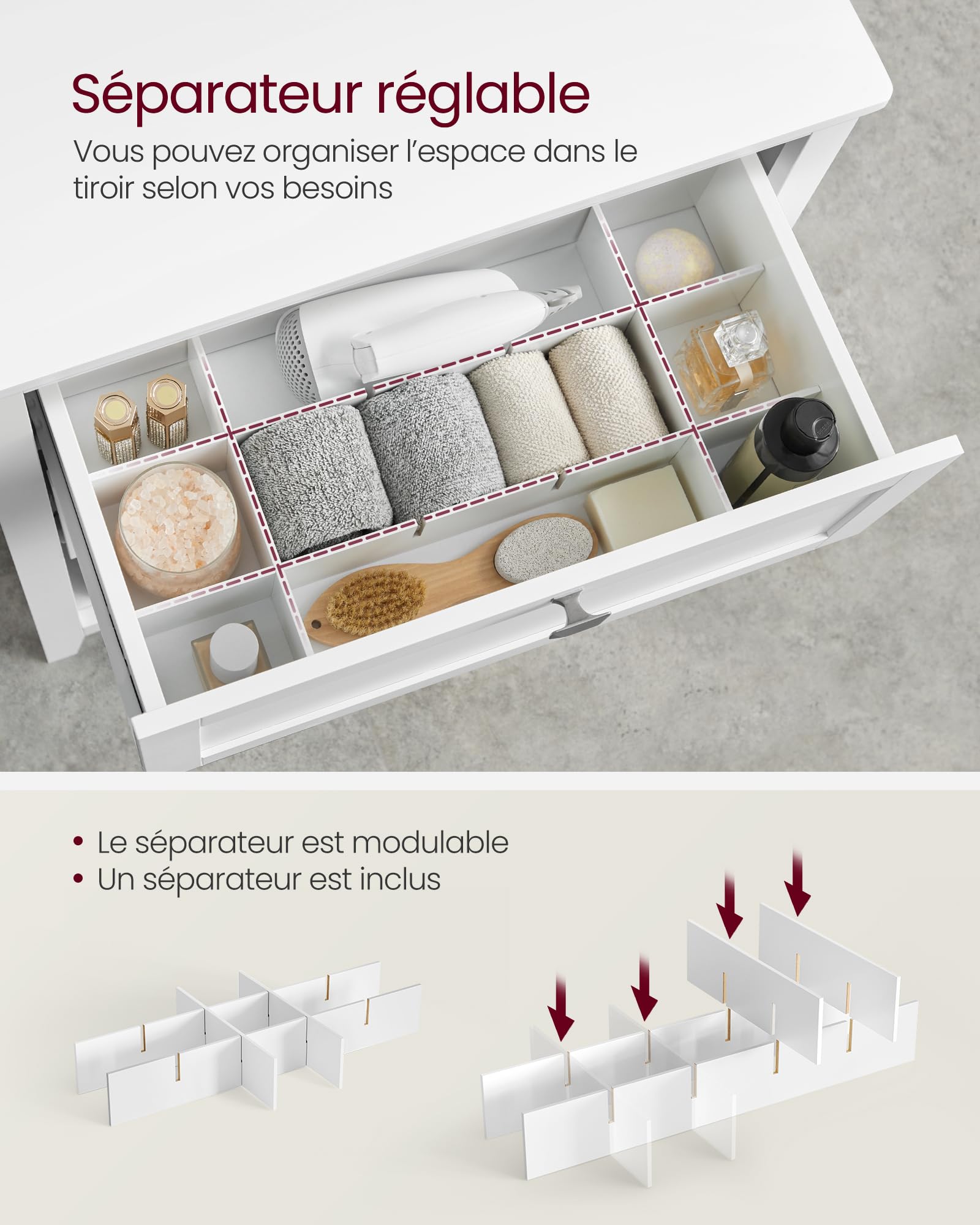 VASAGLE Meuble de Salle de Bain, Meuble de Rangement, 2 Tiroirs avec 1 Séparateur Réglable, 2 Paniers, Buffet, 30 x 60 x 80 cm, Blanc Nuage BBC545W02
