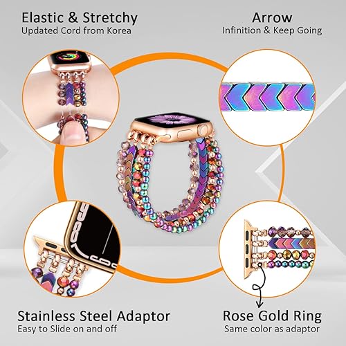 Miniatura 4 de fastgo Correa de cuentas y piedra natural compatible con Apple Watch de 1.496 pulgadas, 1.575 pulgadas, 1.614 pulgadas, correa elástica con cuentas