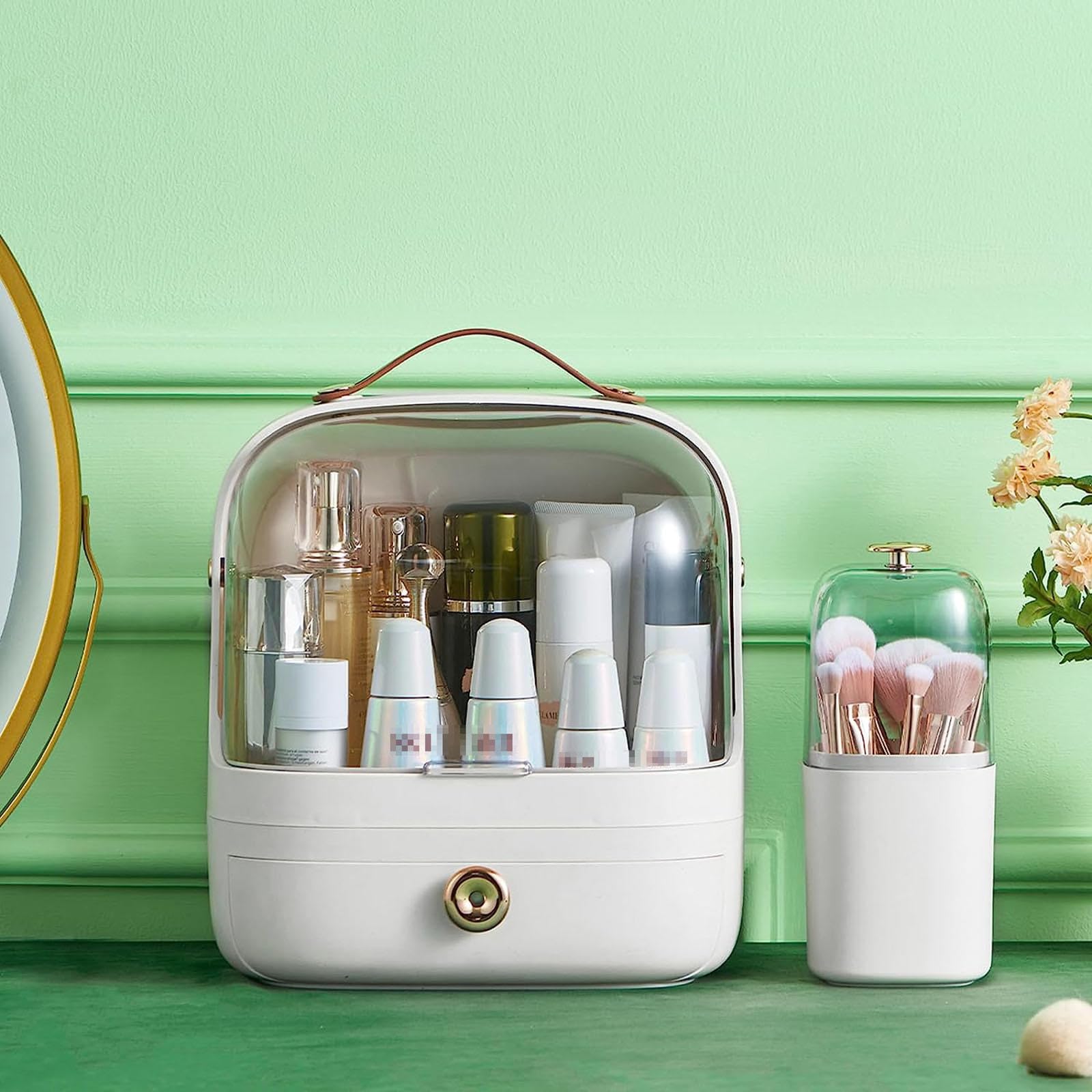 VIDECOR Organisateur Maquillage avec Porte pinceaux,Présentoir Cosmétiques avec Couvercle Transparent Rangement, Organisateur Soins Peau Anti poussière,Idéal Salle Bain Comptoir Vanité,White