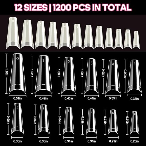 Miniatura 3 de krofaue 1200 piezas de puntas de uñas en forma de ataúd - Puntas de uñas de media cubierta, 12 tamaños, puntas de uñas postizas para uñas acrílicas,