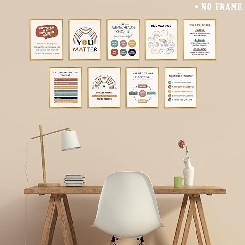 Miniatura 4 de Chinco 9 pósteres de salud mental para terapia, decoración de oficina, estilo bohemio, consejero positivo, decoración de oficina, psicología, lienzo