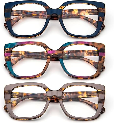 KoKoBin Paquete de 3 lentes de lectura de gran tamaño para mujer, con bloqueo de luz azul, marco elegante de color