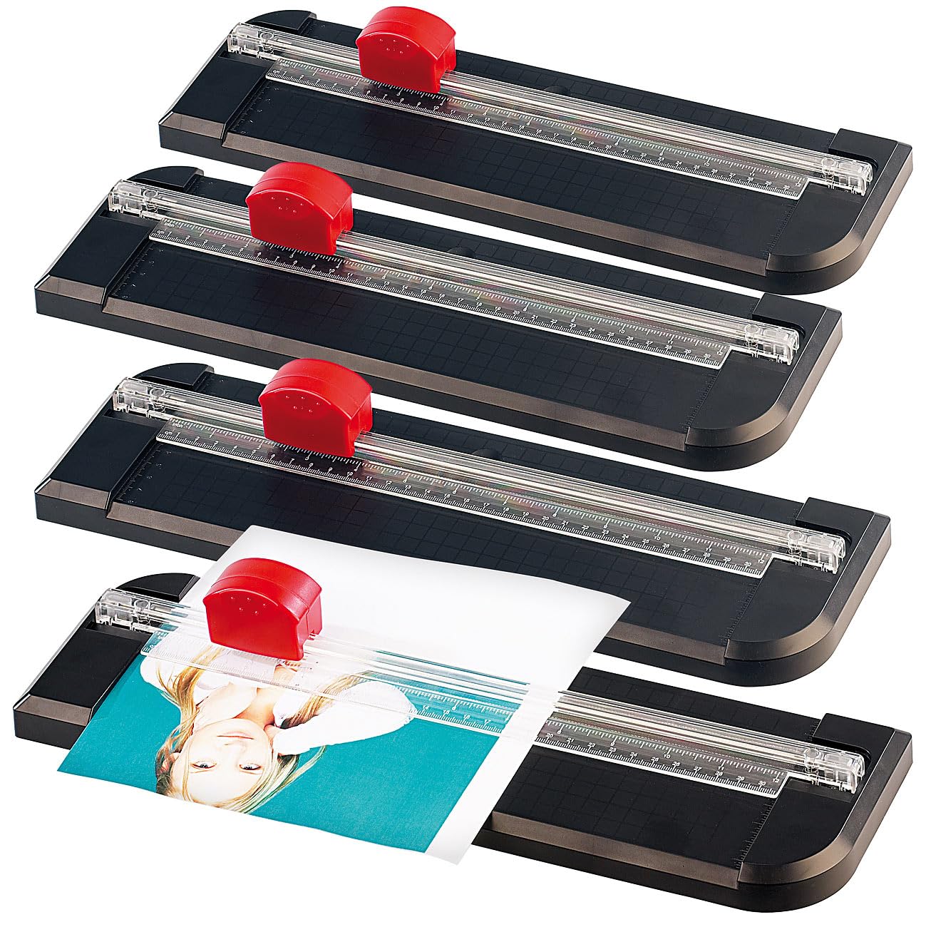 Papierschneider A4: 4er-Set 3in1-Rollen-Schneidemaschinen A4 mit 3 Klingenformen (Papierschneider Rollenschneider, Papier-Schneidebrett)