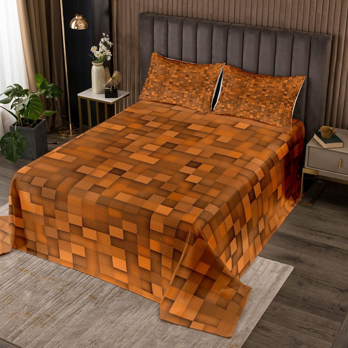 Manfei Pixelated Miners Game Kids Bedspread Twin Size,Videogame Gamepad Gaming Coverlet Set,Girls Boys Room Decor,Modern Geometric Square Quilted Coverlet,Purple Bedding Quilt,1 Pillowcase