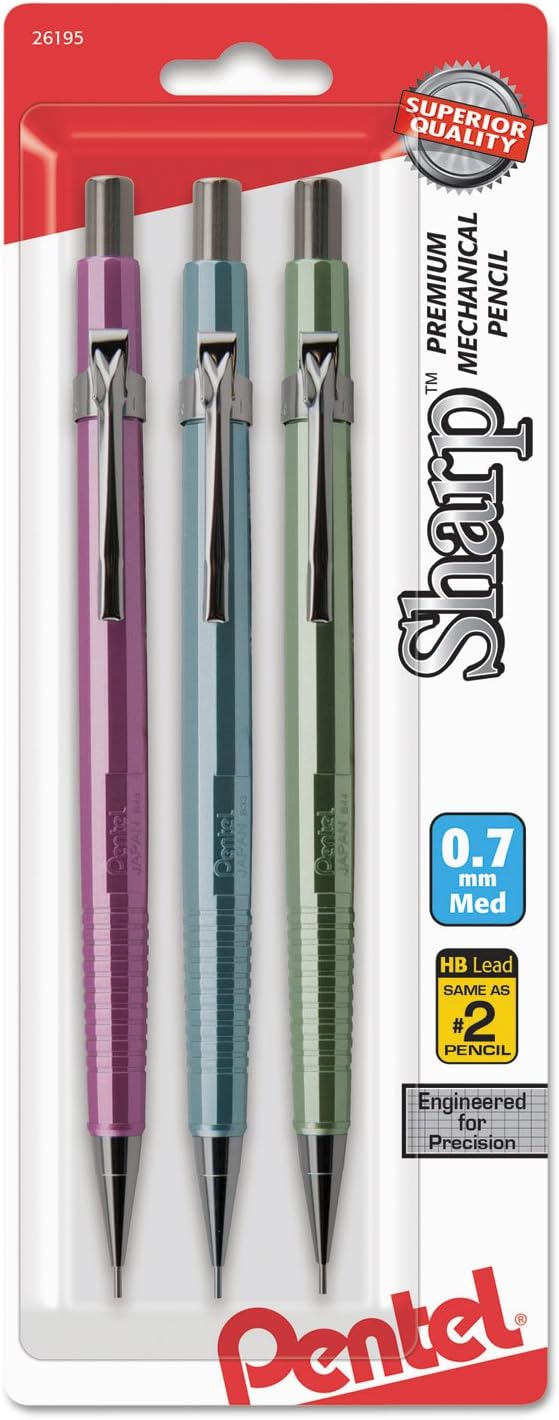 Sharp Mechanical Pencil, (0.7mm), Medium Line, Metallic Barrel, Assorted Colors, Pack of 3 (P207MBP3M1)