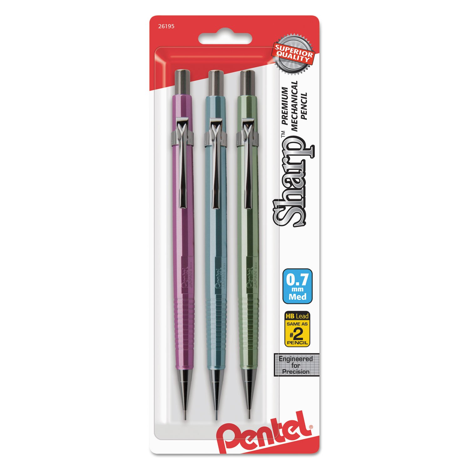 Pentel Sharp Mechanical Pencil, (0.7mm), Medium Line, Metallic Barrel, Assorted Colors, Pack of 3 (P207MBP3M1)