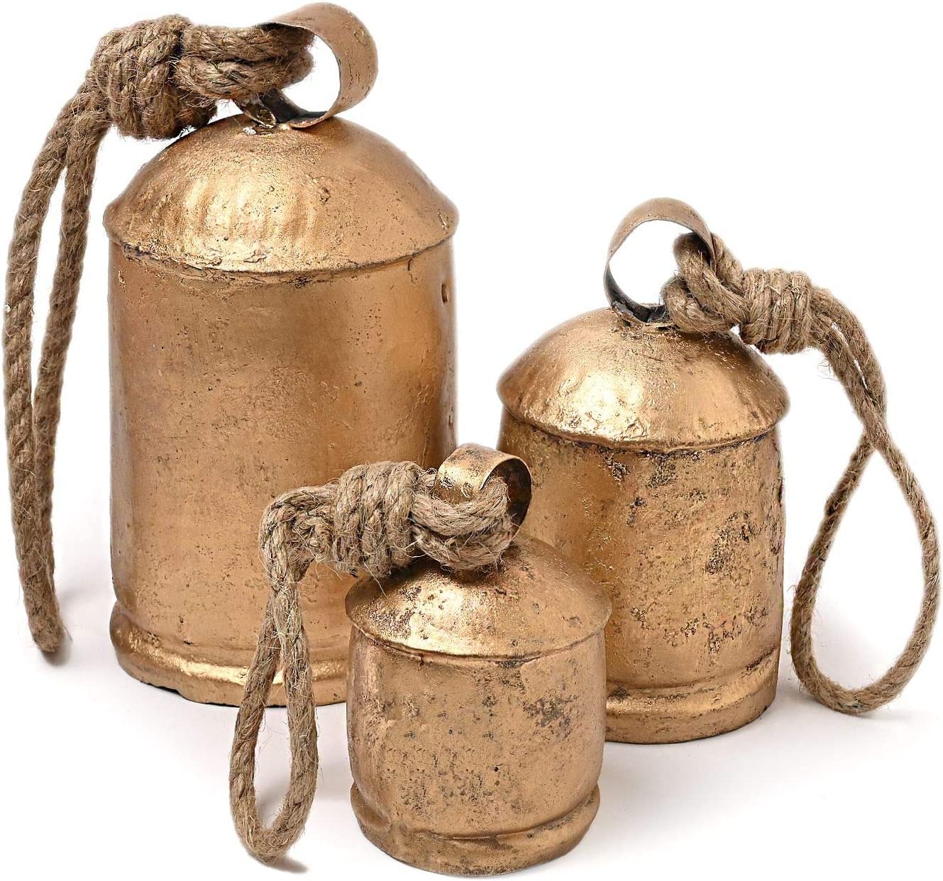 Set di 3 campane di mucca in latta rustiche vintage fatte a mano con campanelle enormi su corda, decorazioni natalizie da 7,6 cm, 10,2 cm, 12,7 cm