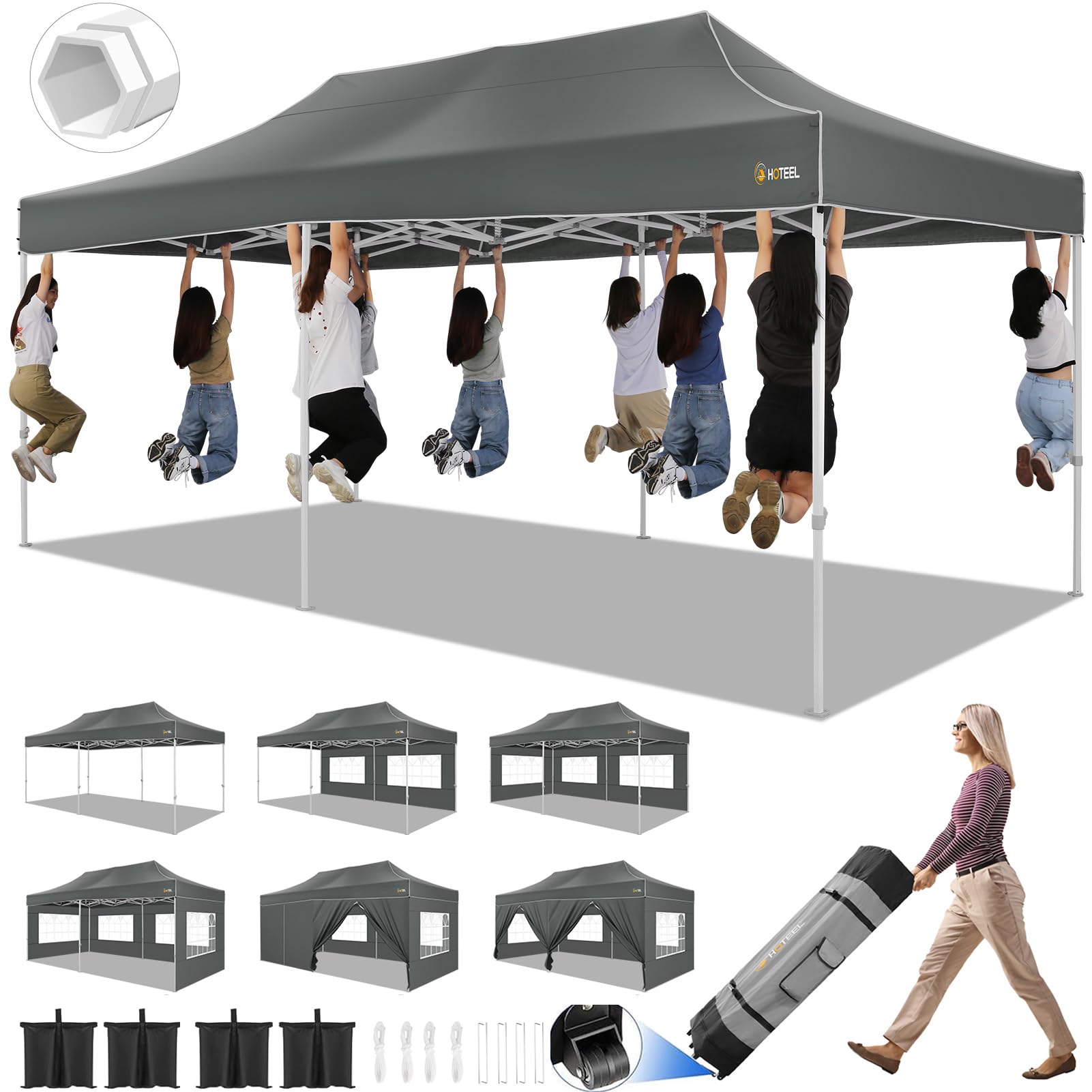 HOTEEL 10x20 Pop Up Canopy Tents for Parties, 10x20 Canopy with Sidewalls Heavy Duty Commercial Instant Event Canopy Tent with Roller Bag & Sand Bags, Grey(Frame Thickened & Waterproof)