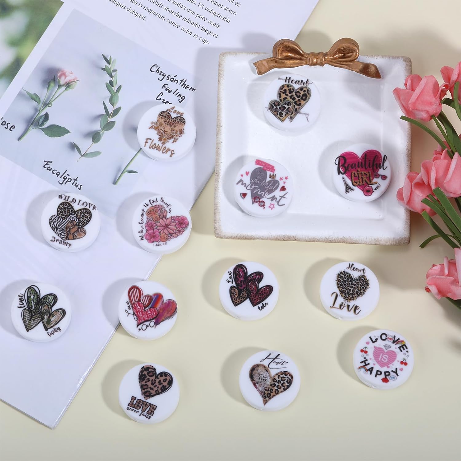 16 Pcs Heart Silicone Focal Beads for Pens Flat Round Focal Beads Bulk Used for DIY to Make Various Handicrafts Beaded Pen Lanyards(Valentine's Day) - Image 3