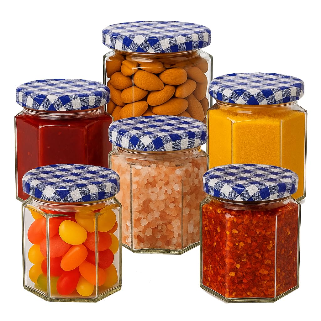 Offer Shop Jam Jars with Blue Gingham Lid & Labels - 280ml / 9oz Hexagonal Storage Glass Jars for Kitchen | Airtight Glass Jar for Spices Honey Food Storage | Set of 6