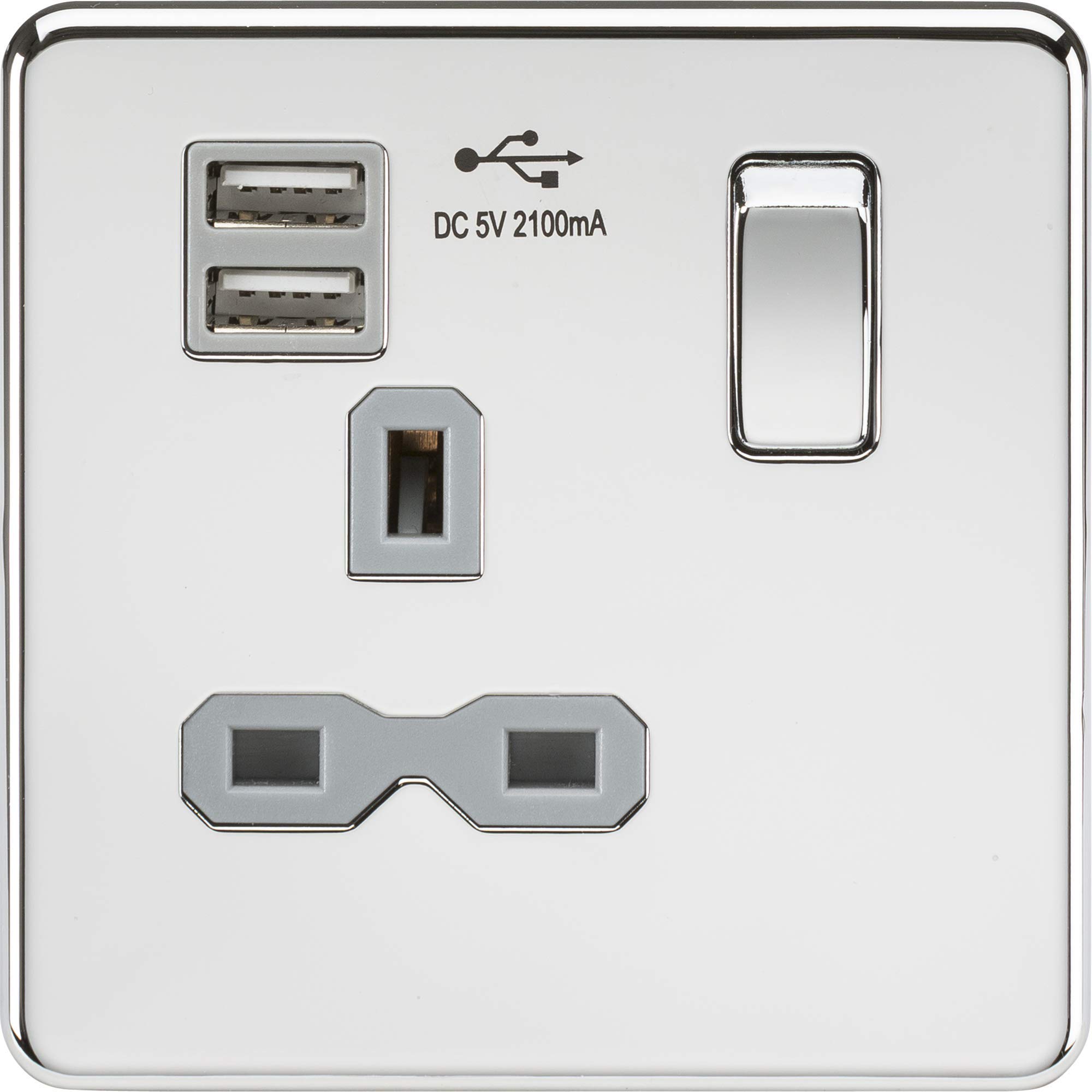Knightsbridge SFR9901PCG Screwless 1G Switched Socket with 2.1 A Dual USB Charger, Polished Chrome with Grey Insert, 13 A — image 1