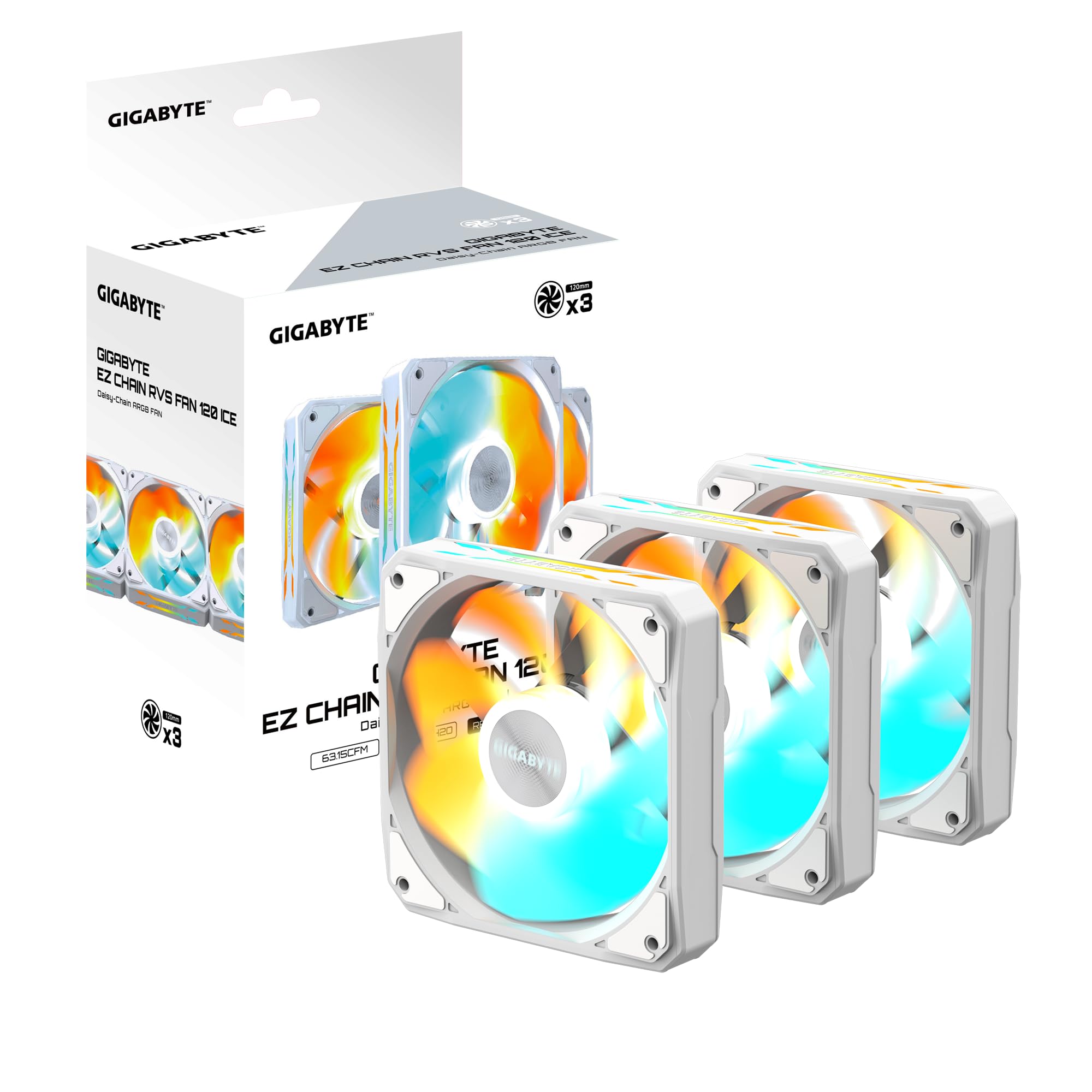 GIGABYTE GBT EZRVSFAN1203 ICE 120 mm Gehäuselüfter, hoher Luftstrom und leiser Betrieb, langlebiges Gleitlager, schwarzer Rahmen, universelle 120 mm Kompatibilität