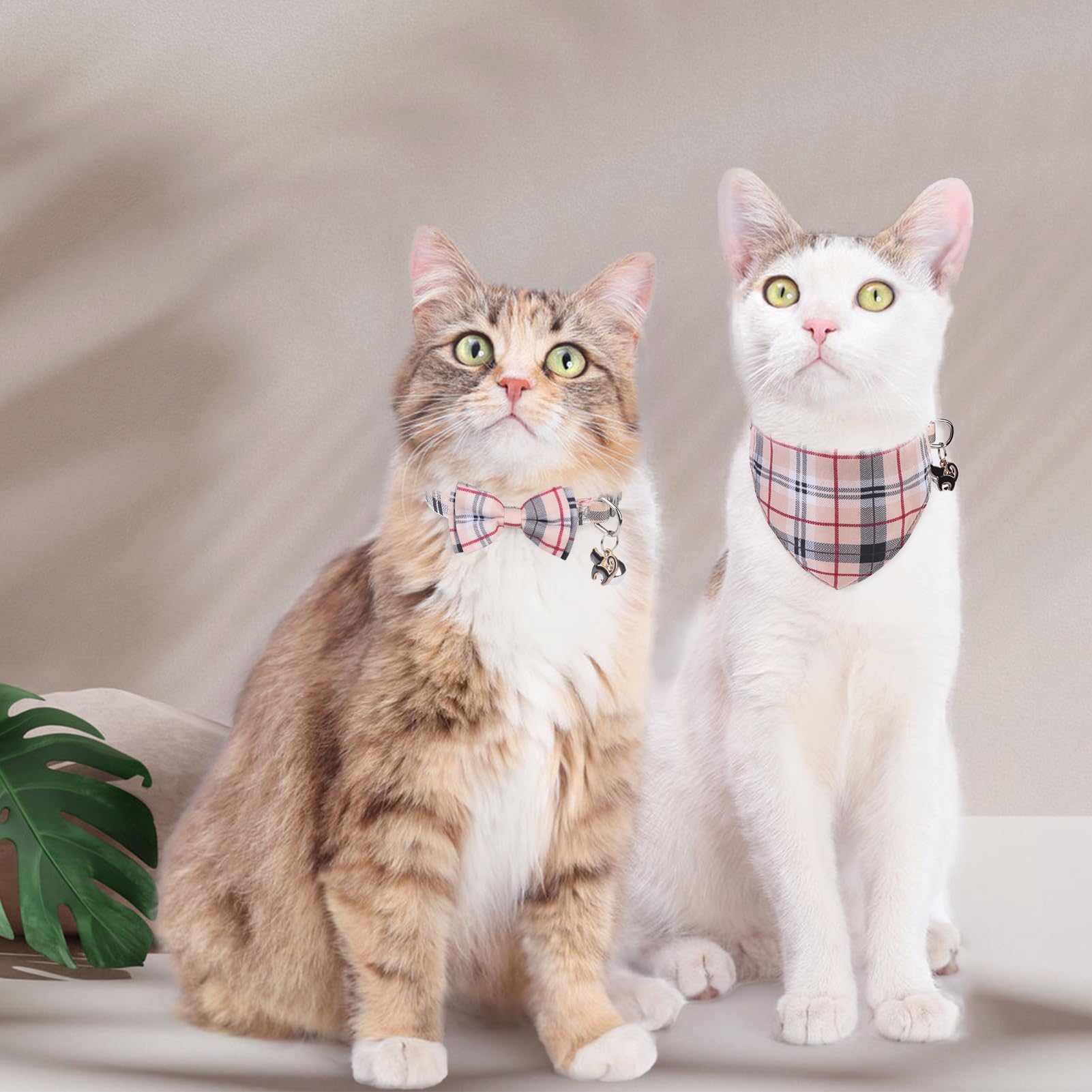 SCENEREAL Lot de 2 colliers pour chat avec clochettes, bandana amovible et réglable avec nœud papillon pour animaux de compagnie, petits chiens, garçons et filles, motif écossais beige