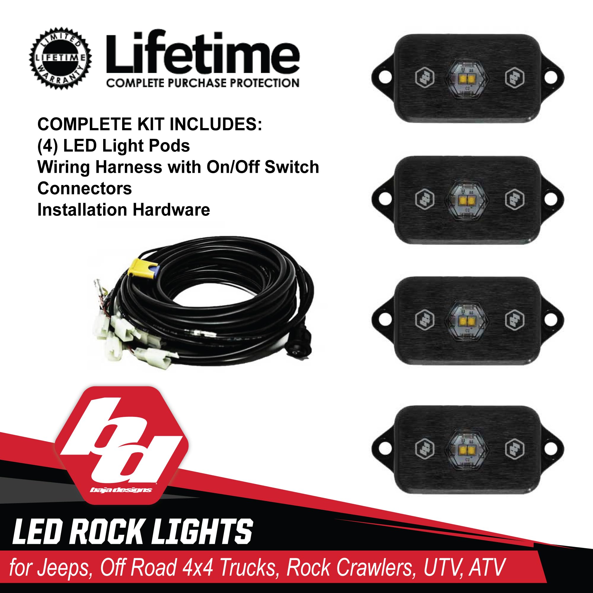 Baja Designs Kit luci LED Rock - 4 pz. LED con cablaggio (bianco)