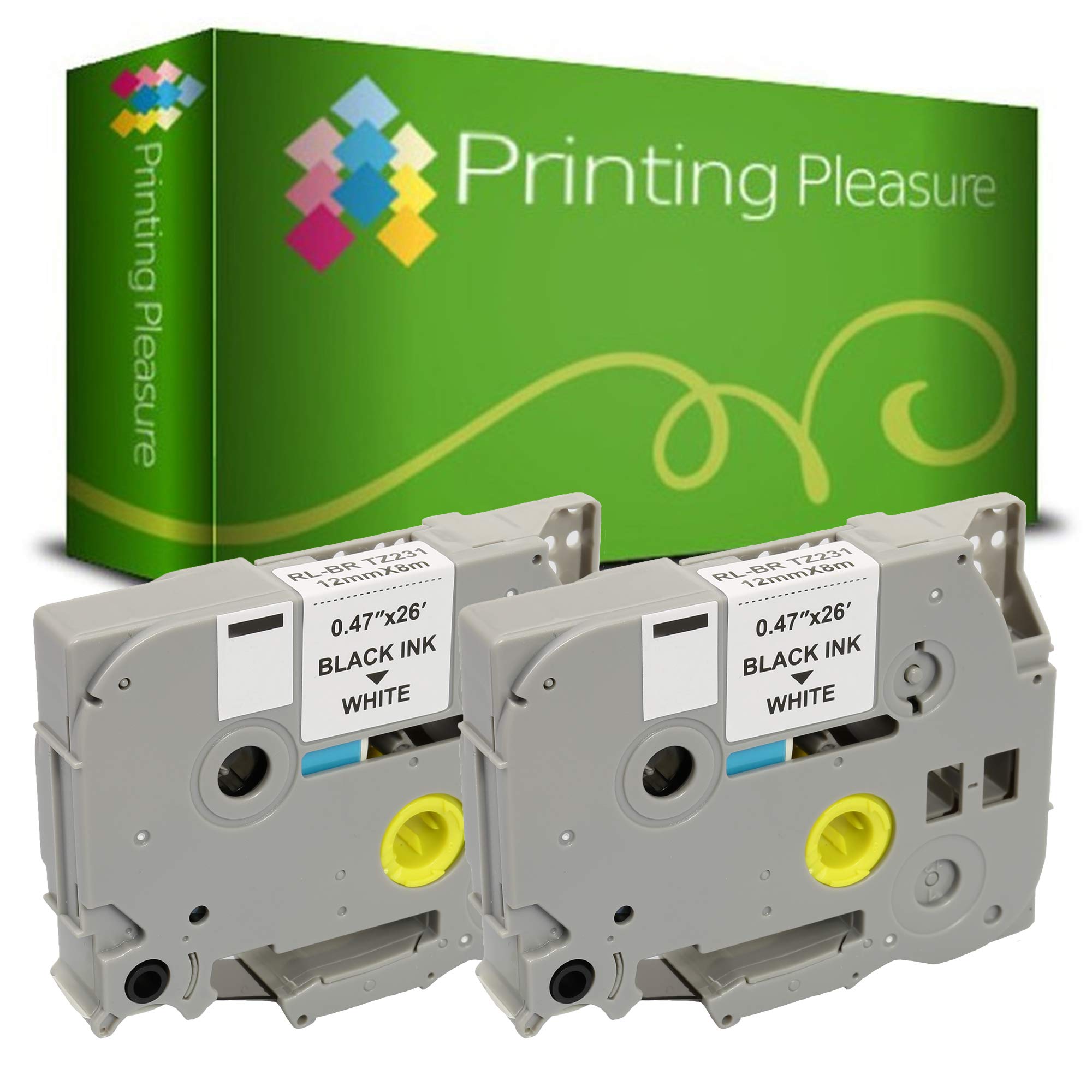 Printing Pleasure 2 x TZe-231 TZ-231 Black on White Label Tapes Compatible with P-Touch Label Printing Machines | 12mm x 8m