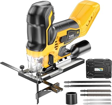 Ecarke Cordless Jig Saw Compatible With Dewalt 20V, Brushless Motor 3800RPM, 7 Speeds Dial Control, Free-Tool 45 Bevel Cuts, 4 Orbital Action, Dust Blows and 6 Blades For Cutting, Tool Only