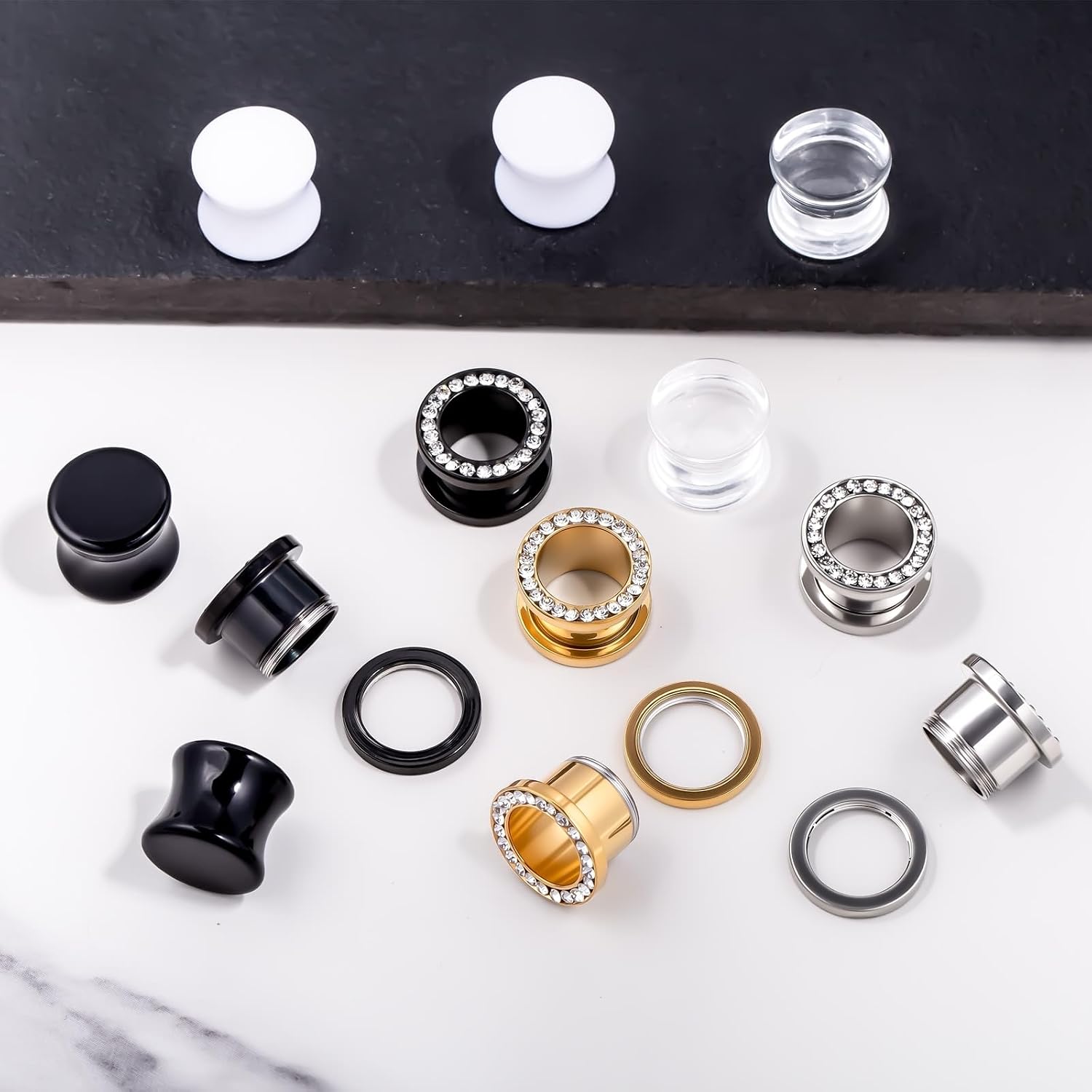 12 Pcs Gauges for Ears Acrylic Plugs Double Flare Gauges Expander， Stainless Steel CZ Ear Tunnels Plugs Expander Gauges Stretcher Earrings Screw Body Piercing Jewelry for Women Men
