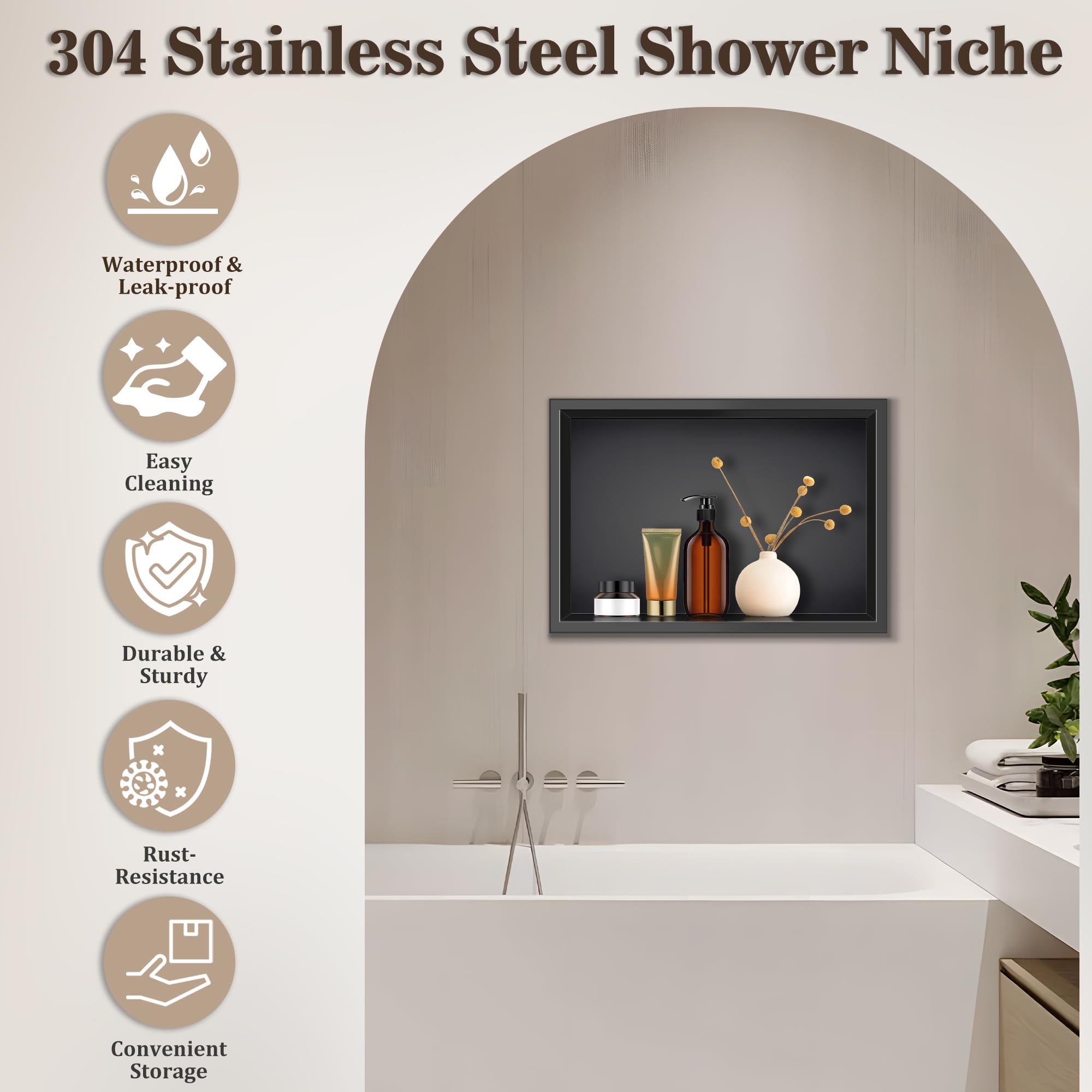 Nicchia da Parete Doccia in Acciaio Inox 33 x 48 x 10cm Nero Nicchia per Doccia da Incasso