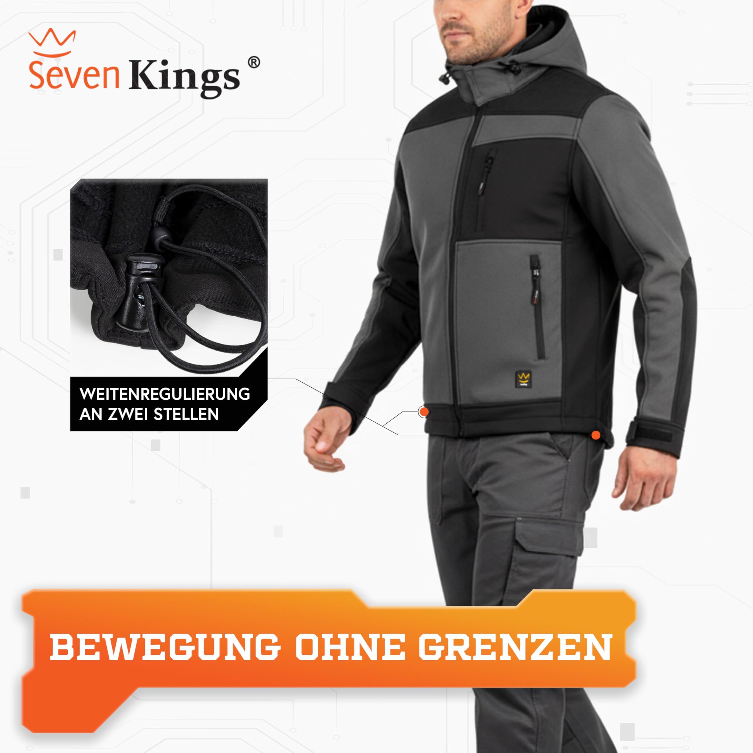 Seven Kings Softshelljacke für Herren – Arbeitsjacke mit Kapuze – wasserdicht (>3000mm) & atmungsaktiv - Übergangsjacke mit OXFORD-Verstärkungen, Reißverschluss und vielen Taschen