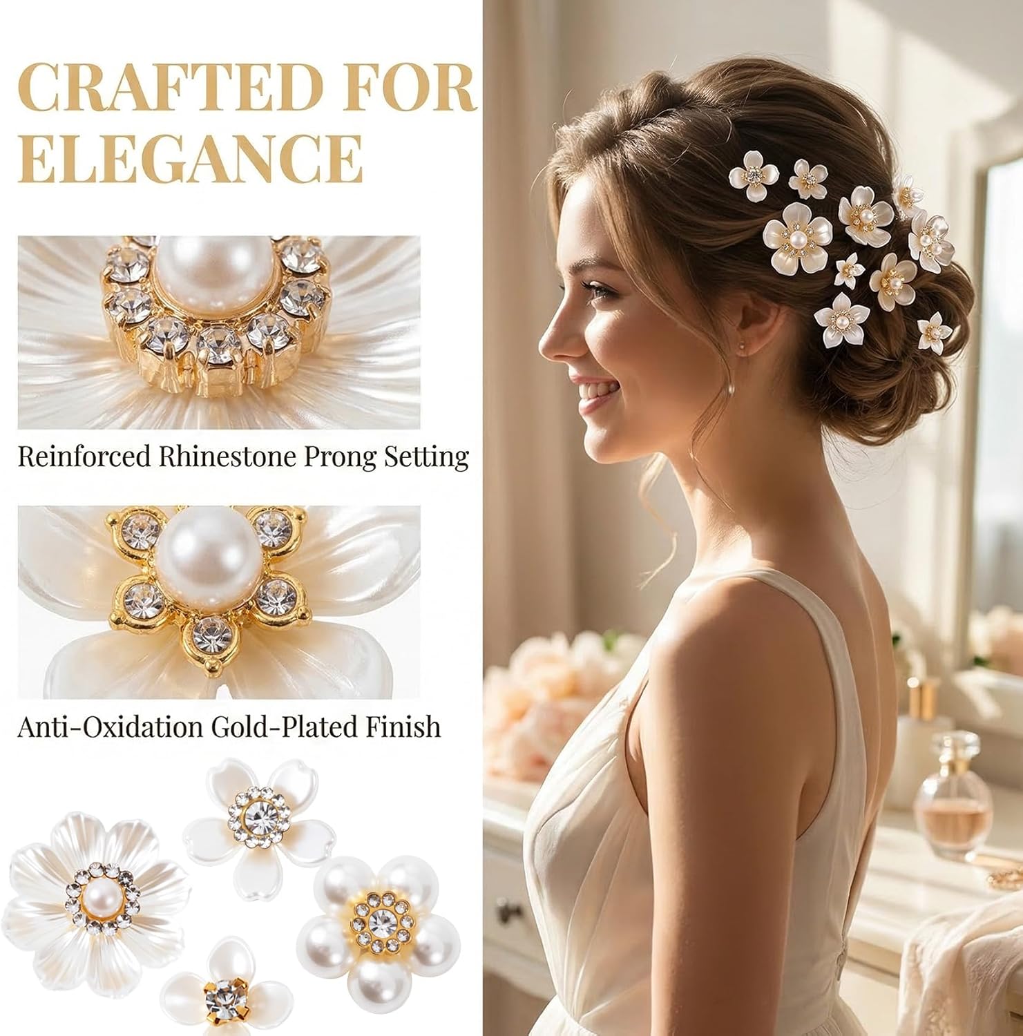 28pcs Flower Pearl Rhinestone Buttons, Sparkly Rhinestone Sequins Buttons, Faux Pearl Embellishments Accessories for Wedding Party- White