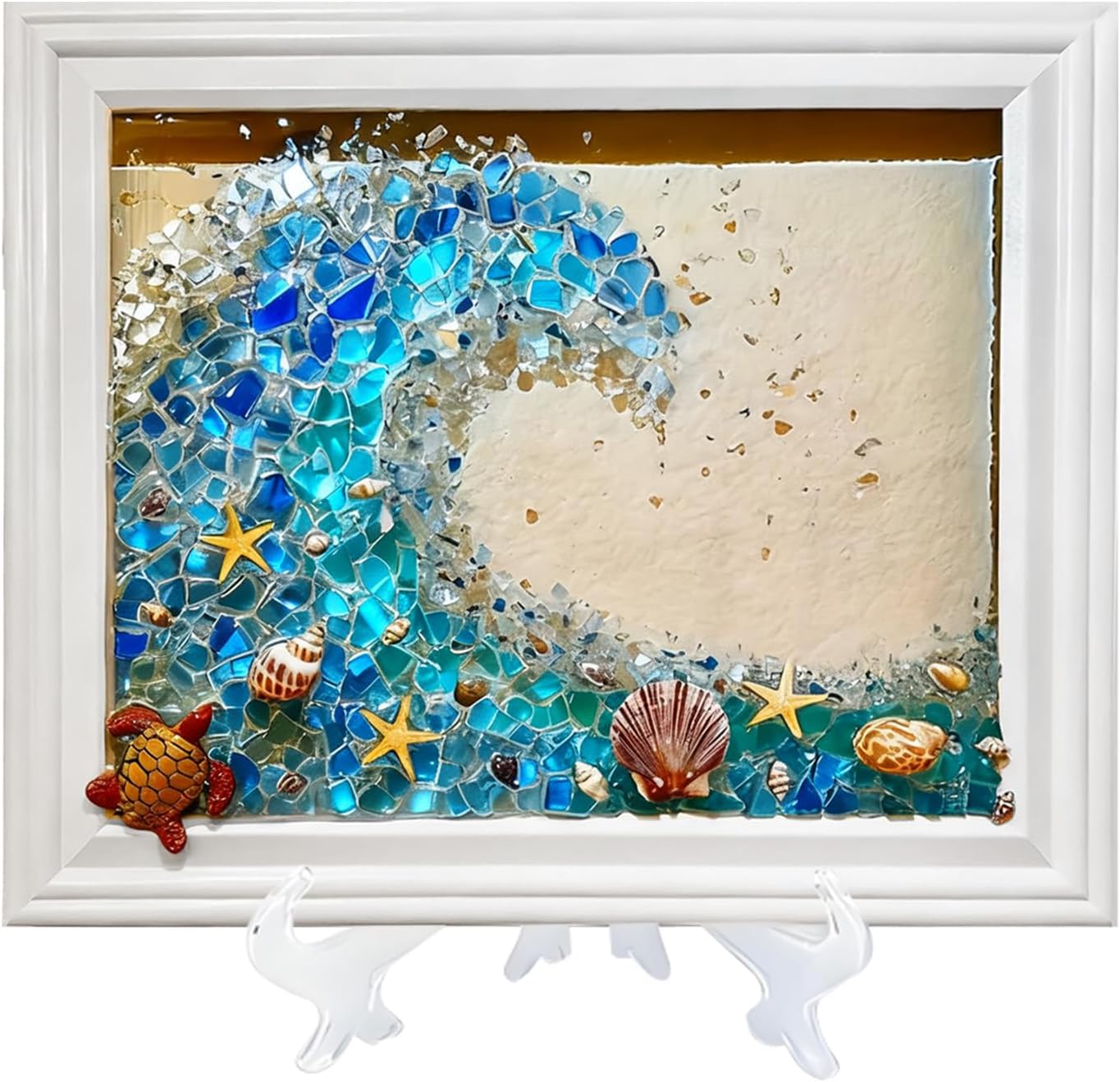 CIYOJA Wave Sea Glass Mosaic Kit for Adults: DIY Stained Glass Resin Craft with Crushed Seaglass, Framed Beach Home Décor Art