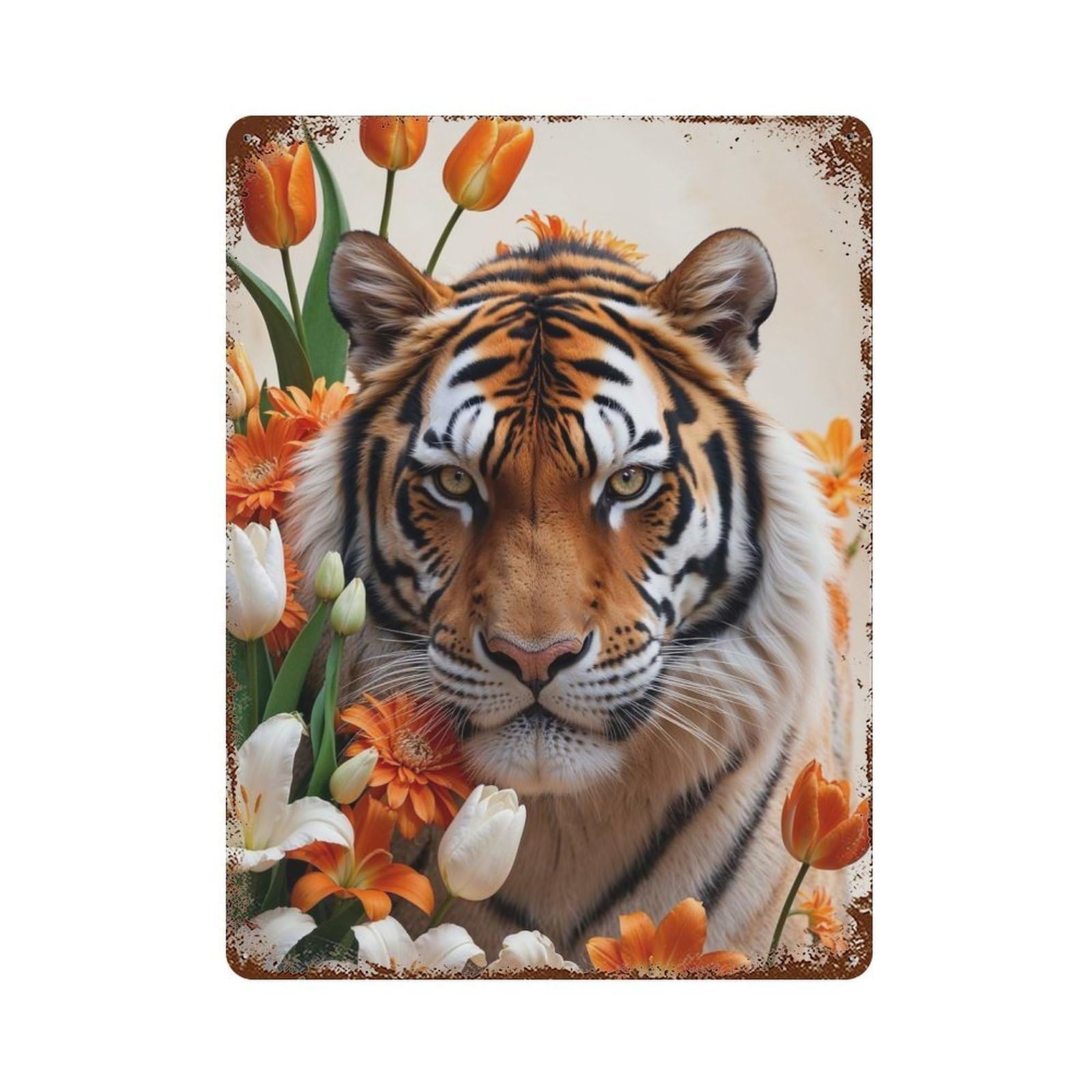 Tiger with Flowers Weathered Tin Sign 15.7"x11.8", Rustic Home Decor for Garage, Bar And Workshop Decor