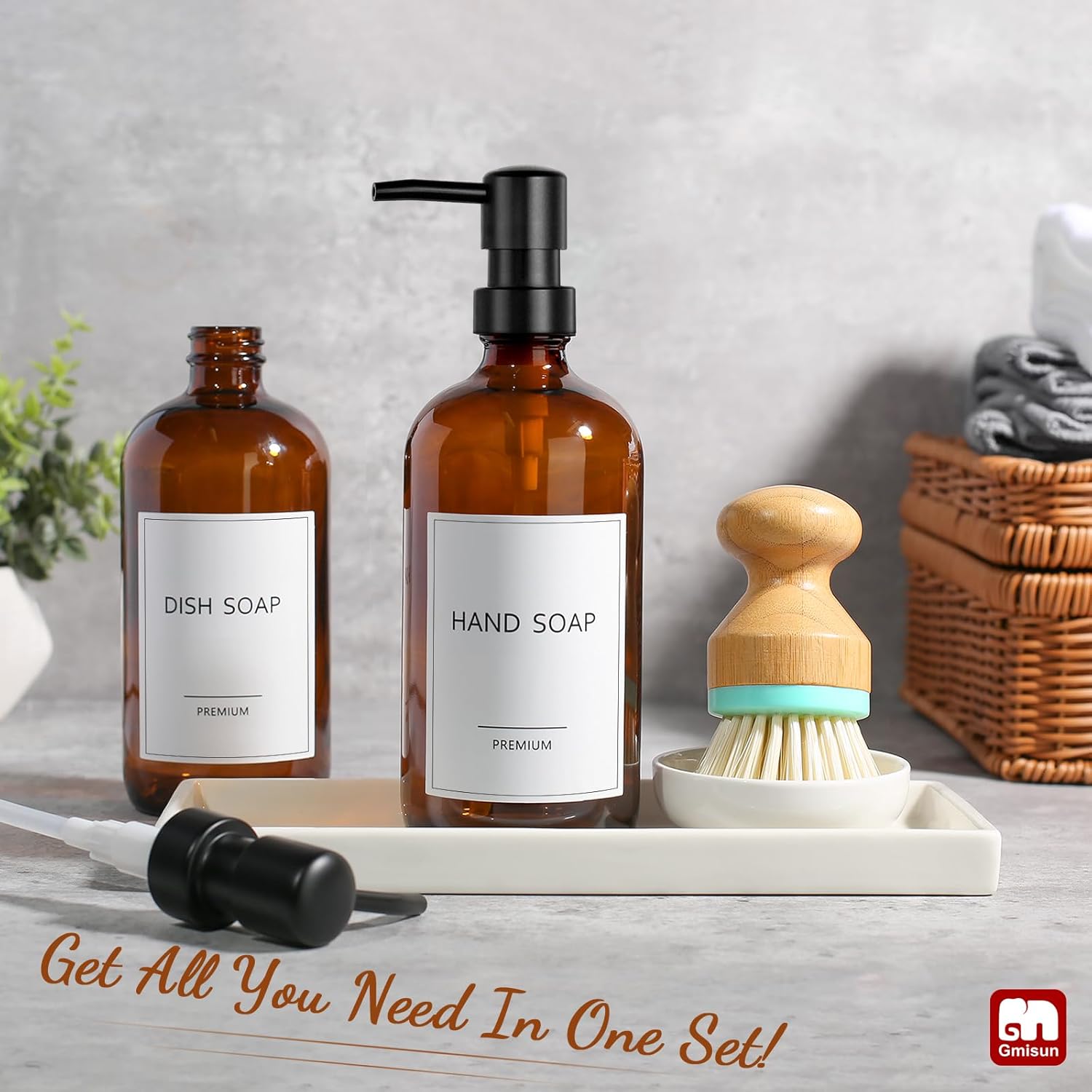GMISUN Dish Soap Dispenser, 16 Oz Kitchen Soap Dispenser Set with Ceramic Tray & Bamboo Brush, 2 Pack Thick Amber Glass Soap Dispenser, Farmhouse Refillable Hand and Dish Liquid Soap Pump Bottle Set - Image 3