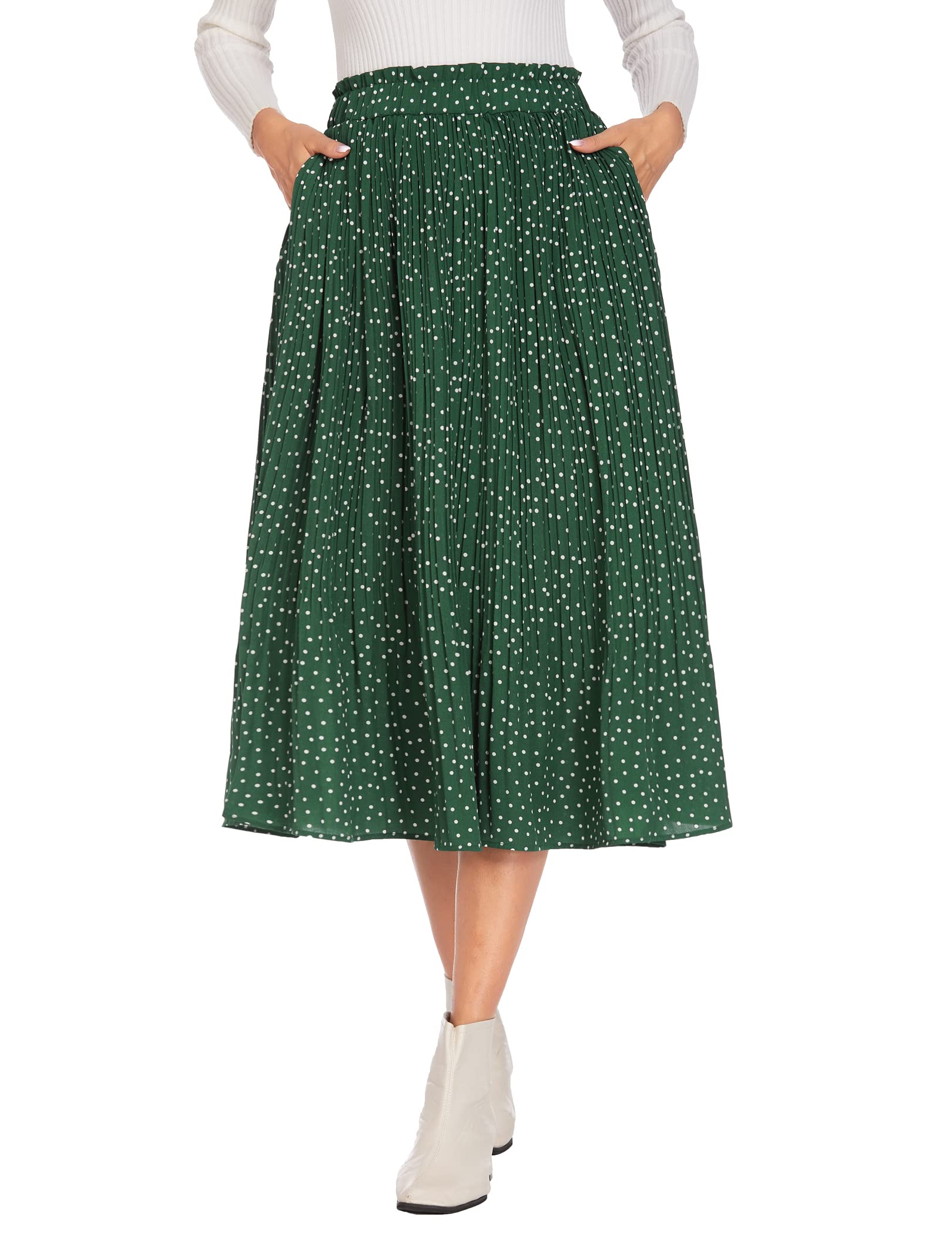Parabler Rock Damen Chiffon Midirock Elegant Blumen Polka Dot Elastische Taille Sommerrock Lang Plisseerock mit Taschen