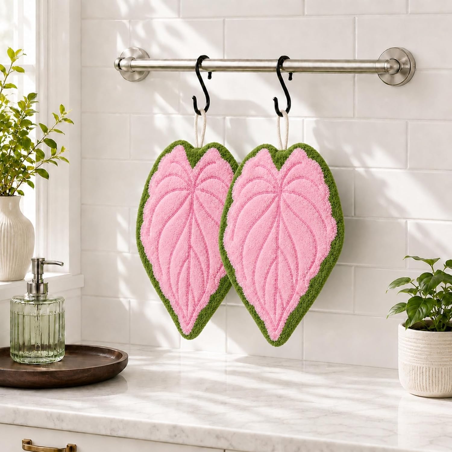 3 Pack Leaf Shaped Hanging Hand Towels with 3 Hooks, Cute Kitchen Towels, Soft Absorbent Decorative Hand Towels for Bathroom Sink, Kitchen and Powder Room (Assorted Leaf)