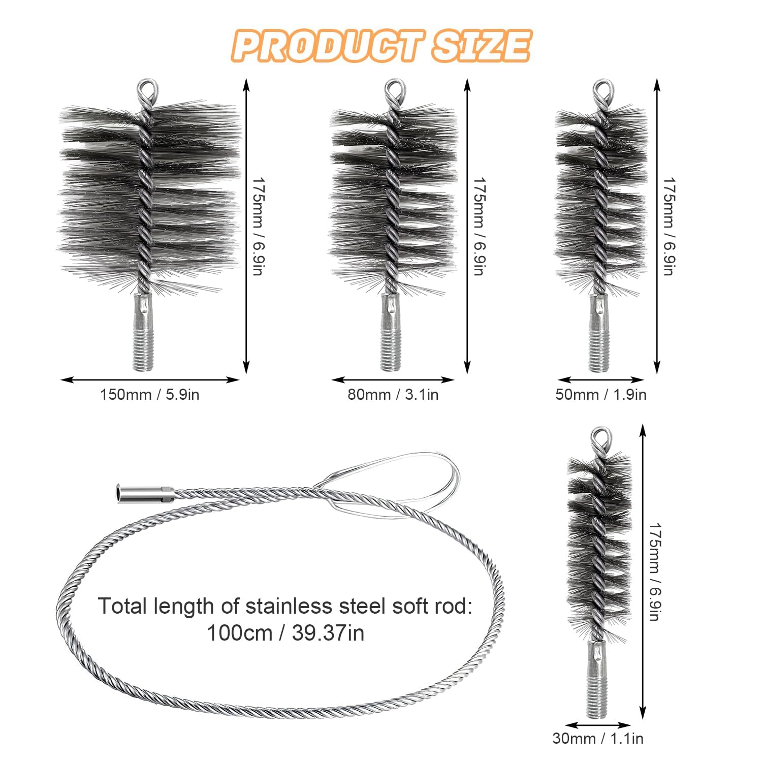 5 szt. szczotki do rur piecowych 150 mm, 80 mm, 50 mm, 30 mm, szczotka kominkowa zamiennik szczotki kominiarskiej, szczotka kominiarska ze stali nierdzewnej do czyszczenia rur piecowych i kominów.