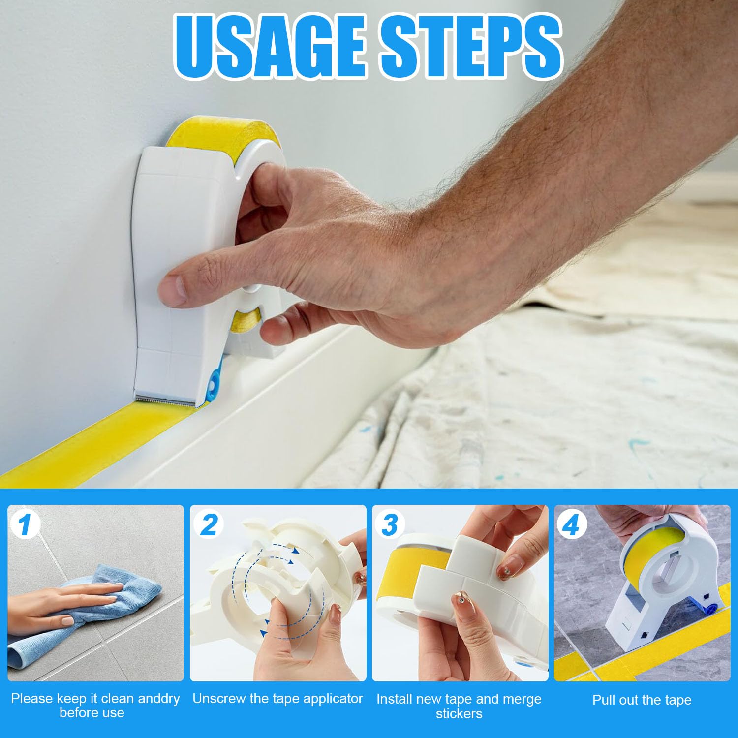 Applicatore per Nastro Imbianchino,Masking Master Applicatore Nastro,con 3 rotoli per mascherare,per Pavimenti, Finestre e Telai Delle Porte