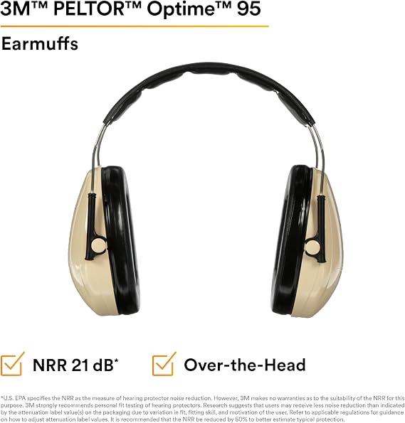 3M PELTOR Hearing Protection Optime 95 Earmuffs, Adjustable Earcups, E-A-Rfit Compatible, Stainless Steel