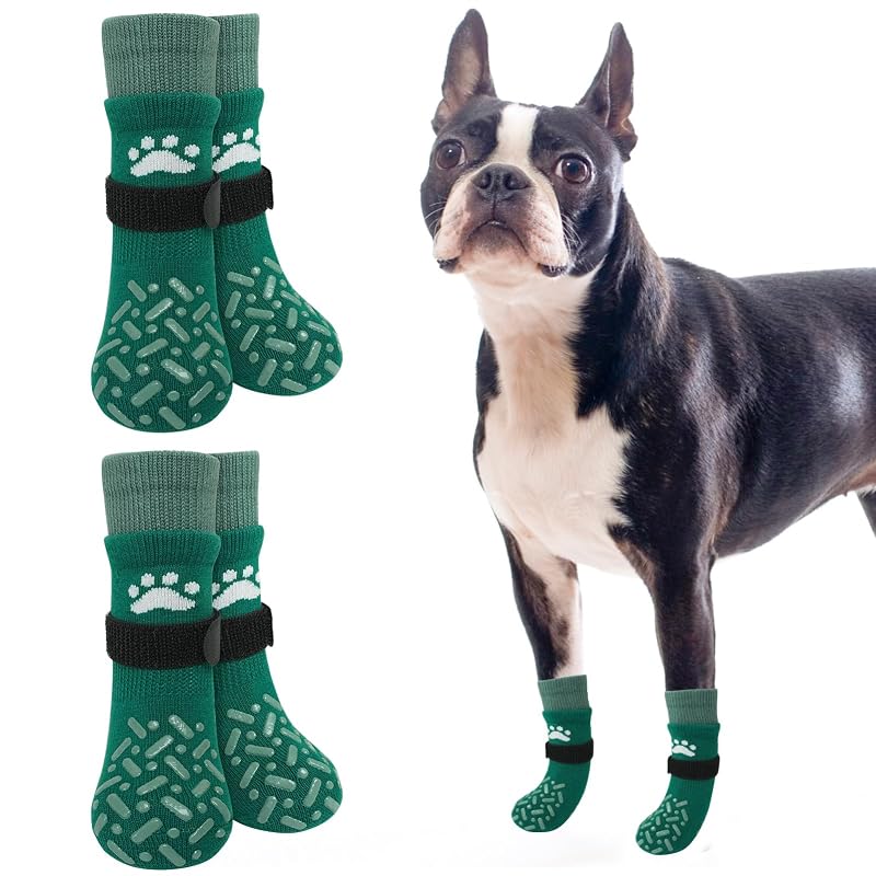 Meias antiderrapantes para cães SCENEREAL com grip duplo Classic Style-Green, tamanho S, pacote com 4
