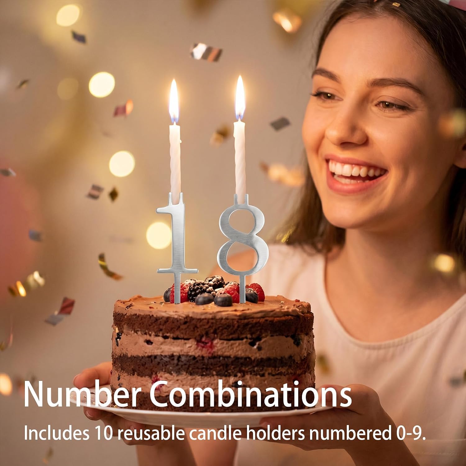 10 pcs Reusable Number Candle Holder Set for Birthday Cakes, 0-9 Metal Number Birthday Cake Candles Stand Adjustable Silver, Cake Decoration Accessories for Birthday Anniversary Party