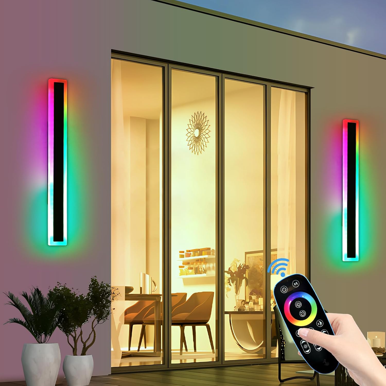 2 Pack 31.4inch Modern Outdoor Wall Lights, RGB Dimmable LED Wall Sconce Light with Remote Control, 10 Colors, 5 Modes, IP65 Waterproof Exterior Light Fixture for Porch, Patio, Garage