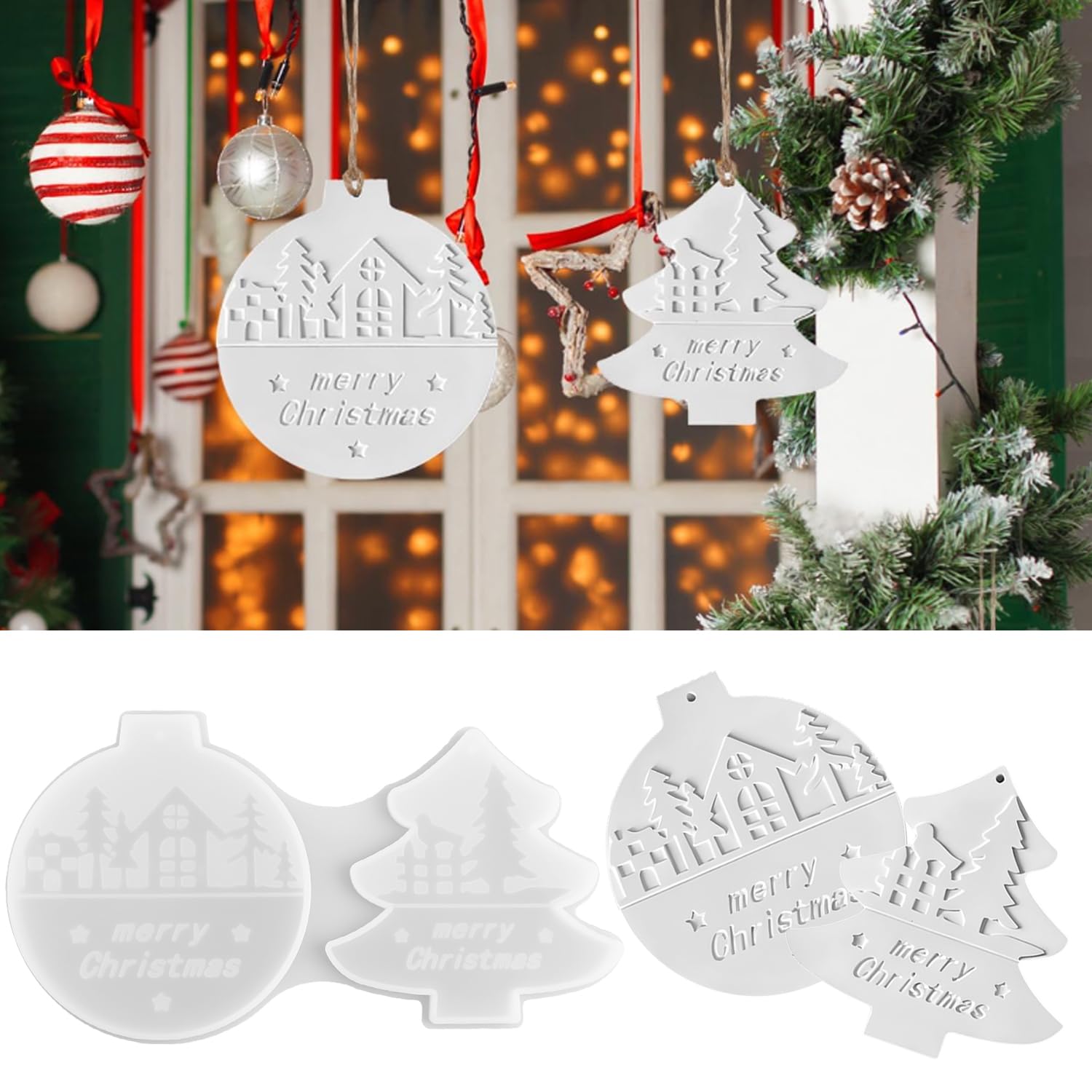Silicone Moulds for Christmas Casting, 2-Pack Plaster Moulds with Tree, Star, and House