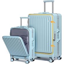 Somago Lightweight 2 Piece Luggage Set, 20" Front Opening 28" Side Opening with Cup Holder Spinner Wheels with Brake and USB Charging 100% PC Hardshell Suitcase with TSA Lock,Light Blue