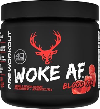Bucked Up Woke AF Pre-Workout Powder | Performance Drink with Caffeine, Beta-Alanine, L-Citrulline | Sugar Free, Paleo Friendly | Blood Raz Flavour | 40 Servings