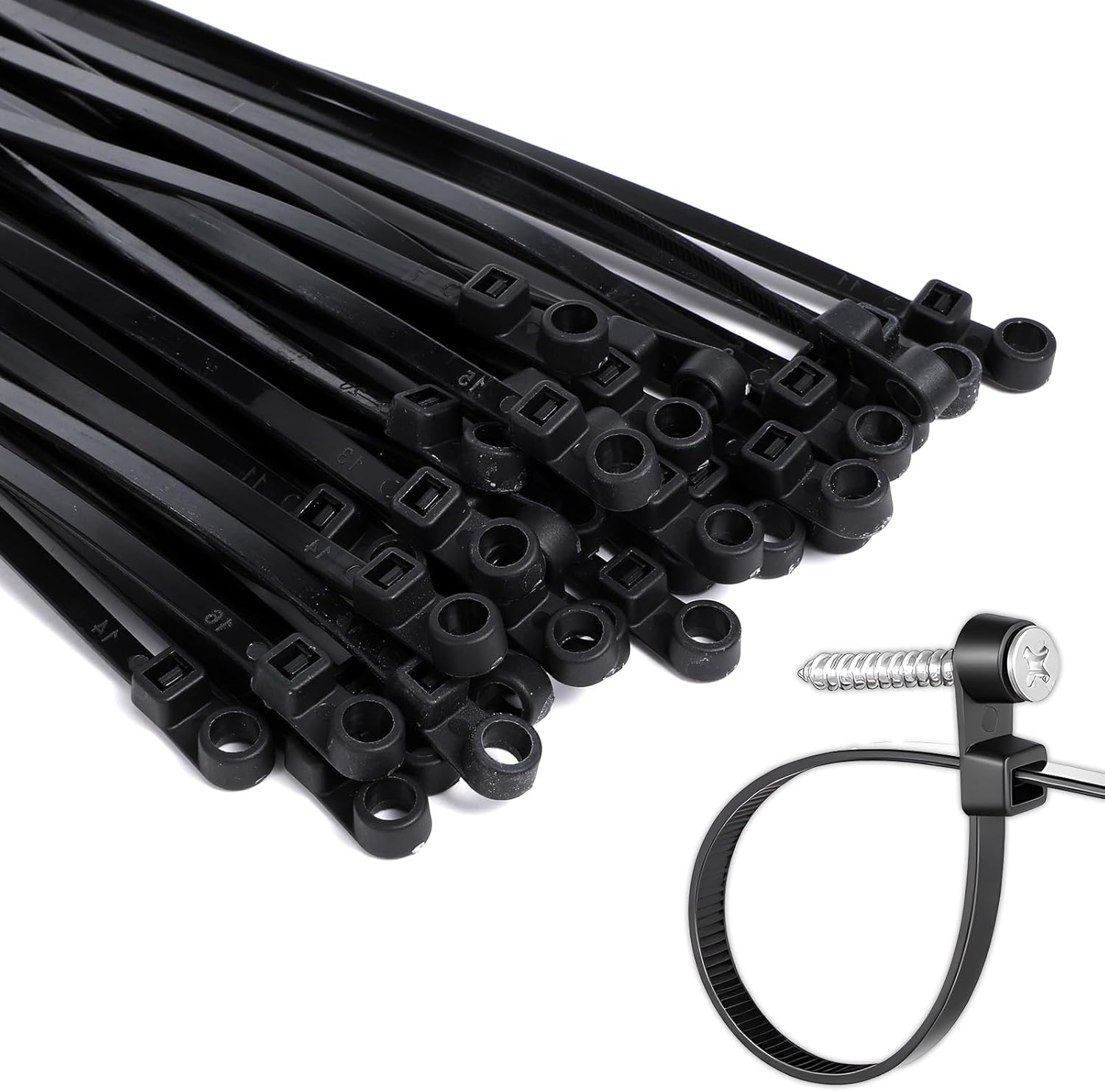 100 Pcs Zip Ties with Screw Hole Heavy Duty Cable Ties Black Mountable Head Cable Tie 7.5 Inch 75 lbs Zip Wall Wire Tie for Indoor Outdoor Office Home