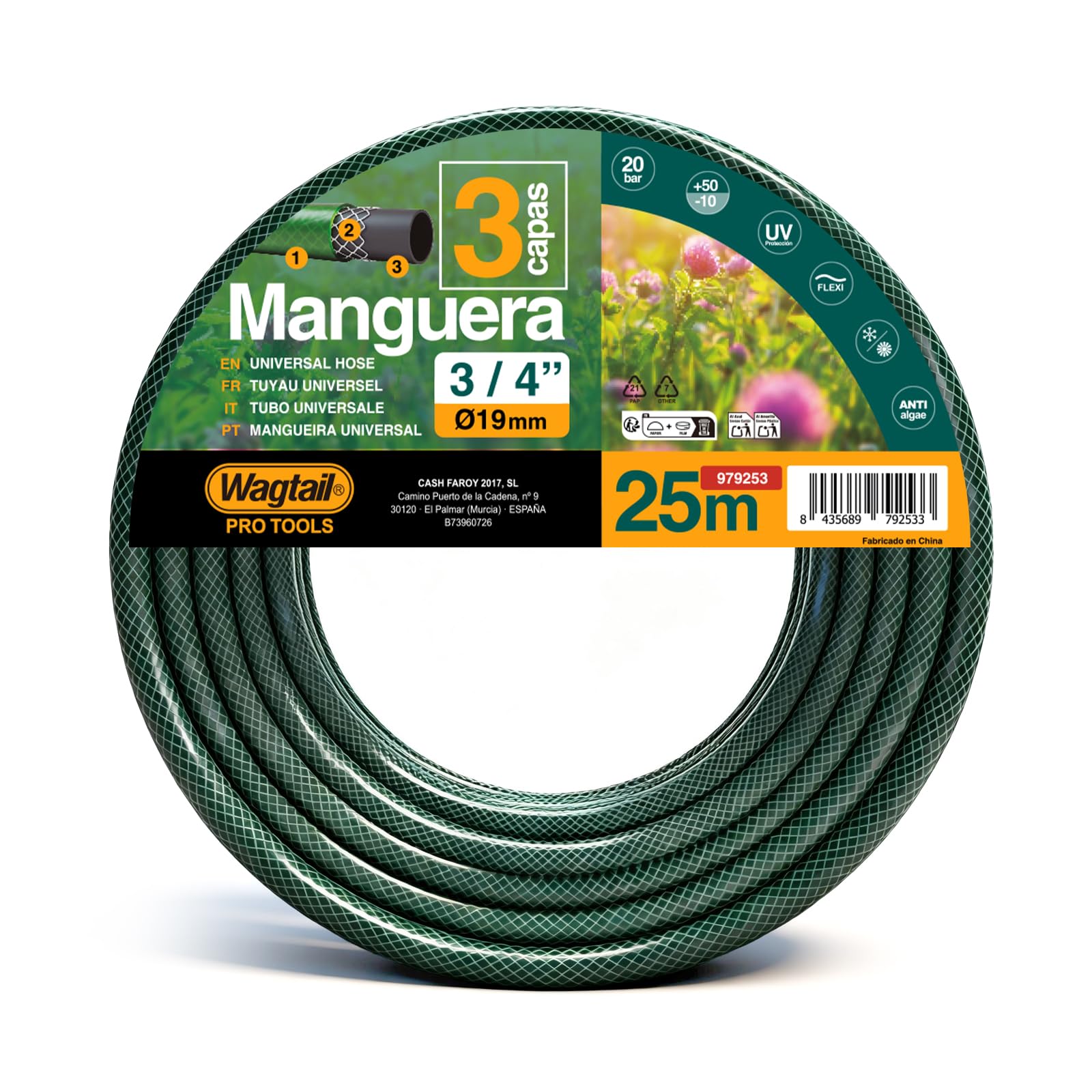 Manguera de Jardín 25 m 1/2”, Manguera de Riego de 3 Capas, Protección UV y Flexible para Jardín y Exterior