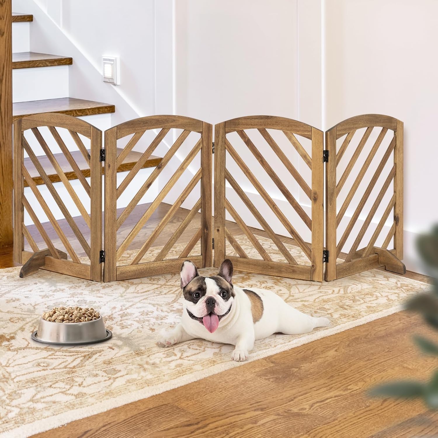 dCee Solid Acacia Wood Dog Gate, Freestanding Dog Gates Indoor Extra Wide 81 in, Foldable Pet Gate with 4 Panels & 2 Support Legs for Doorway, Kitchen, Hall, Stairs White