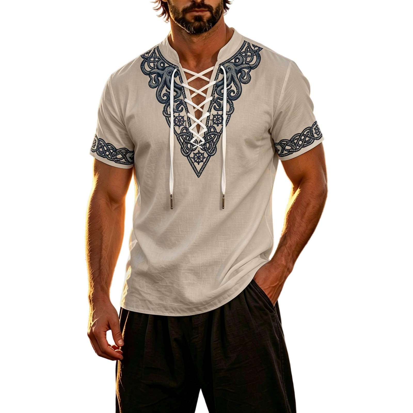 Summer Shirts For Men Short Sleeve Medieval Pirate Scottish Ghillie Shirt