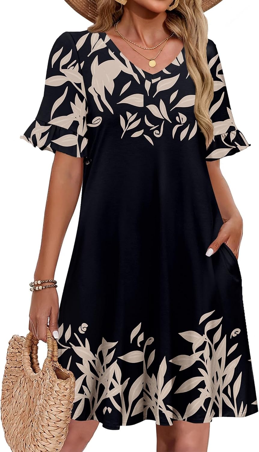 Zeagoo Summer Casual Dresses for Women A Line Sun Dress Ruffle Short Sleeve V Neck Floral Tshirt Dress with Pockets - Image 2