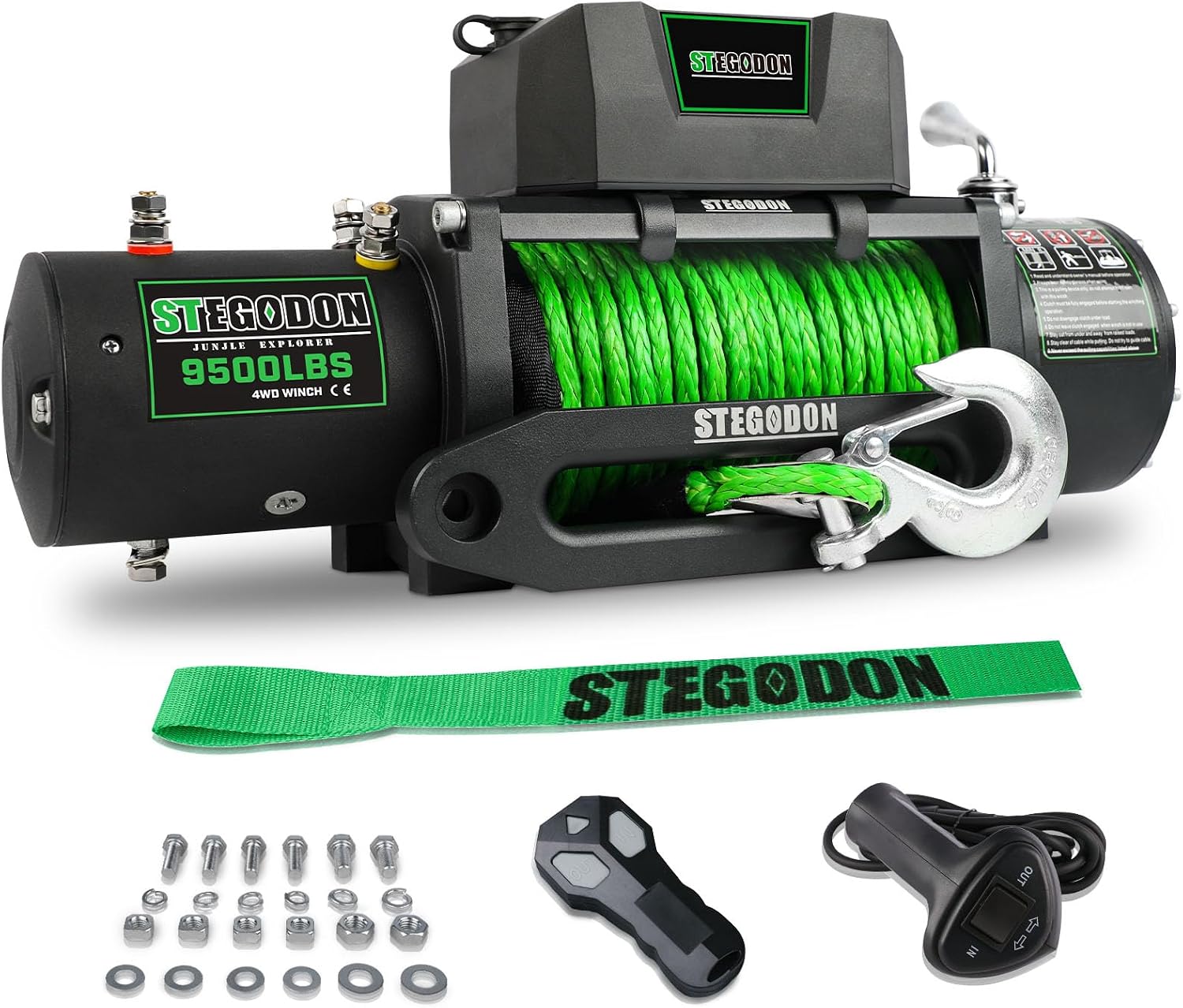 STEGODON New 9500 lb. Load Capacity Electric Winch S3,12V Waterproof IP67 Electric Winch with Hawse Fairlead, Synthetic Rope Winch with Wireless Handheld Remote and Wired Handle(Green-Rope)