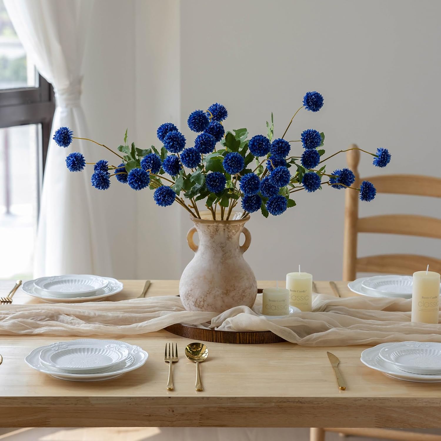 mizii 6Pcs Blue Fake Silk Pompon Mum Artificial Flowers Bulk Small Faux Chrysanthemums with Stems Realistic Floral Decorations for Wedding DIY Bouquet Centerpieces Shower Vase Home Decor (Royal Blue)
