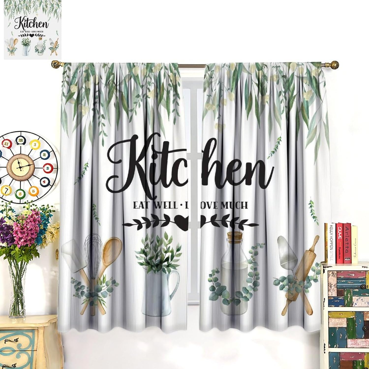 Rustic Eucalyptus Leaves Kitchen Curtains,Tableware Plants Country Wooden Board Farm Nature Blackout Rod Pocket Window Treatment for Cafe Restaurant Living Room Bedroom Home Drapes 52"W X 84"L